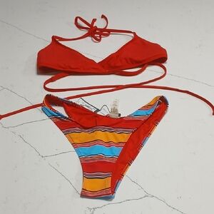 Vibrant Red and Striped Bikini Set